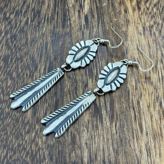 Navajo Handmade Sterling Silver Old Look Stamped Concho Design Dangle Earrings