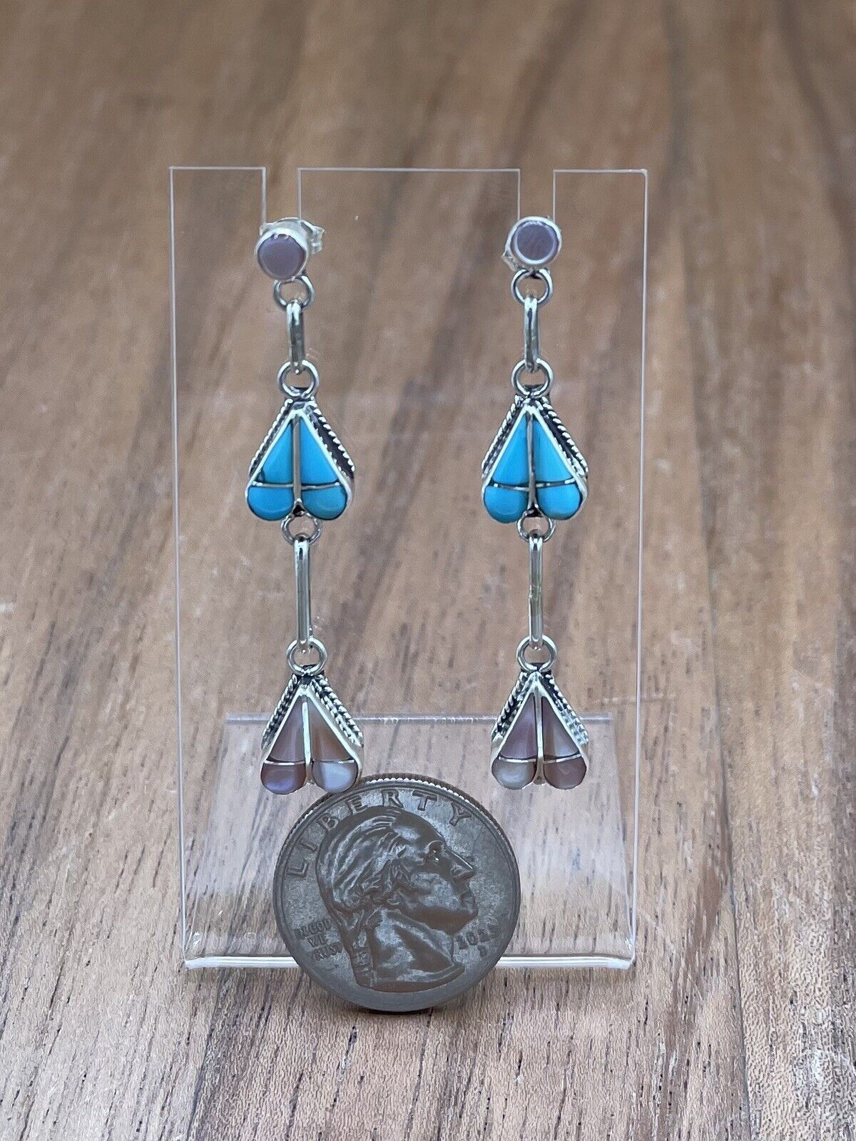 Native American Zuni Handmade Silver Inlay Turquoise Post Dangle Drop Earrings