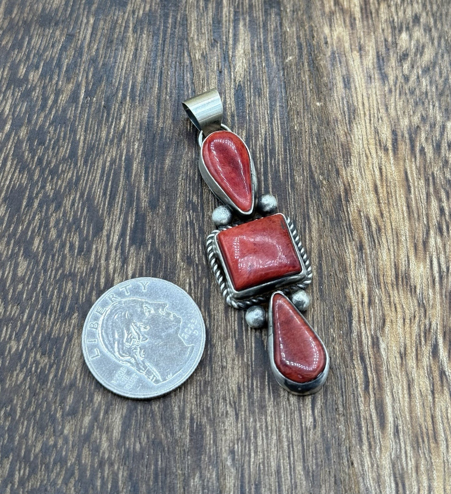 Navajo Handmade Sterling Silver Red Spiny Oyster Shell Cluster Drop Pendant