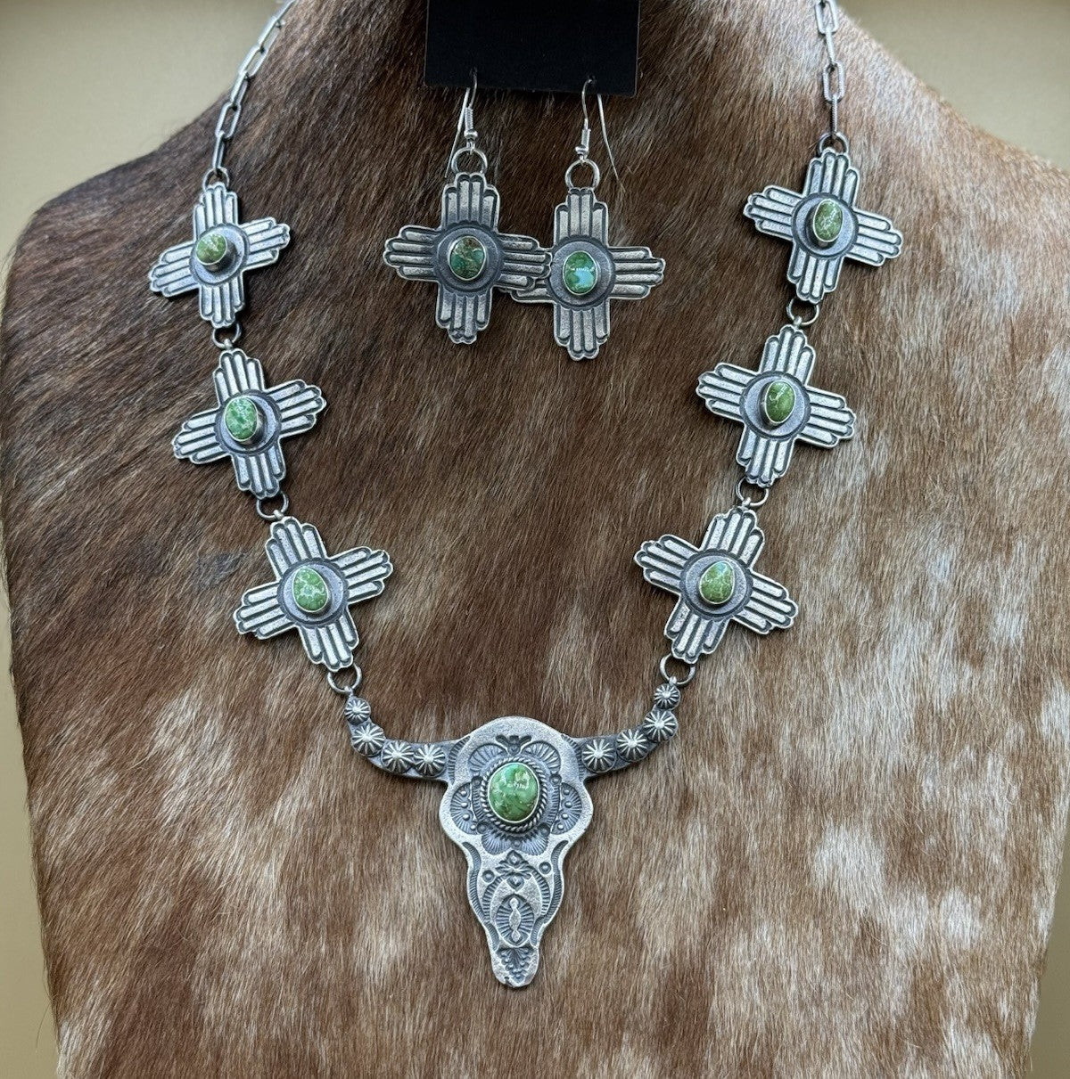 Navajo Handmade Sterling Silver Sonoran Gold Turquoise Longhorn Zia Necklace Set