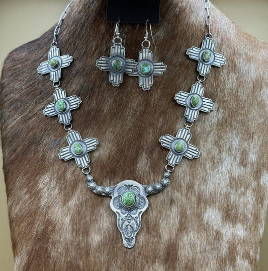 Navajo Handmade Sterling Silver Sonoran Gold Turquoise Longhorn Zia Necklace Set