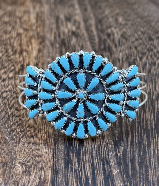 Native American Navajo Handmade Sterling Silver Turquoise Cluster Cuff Bracelet