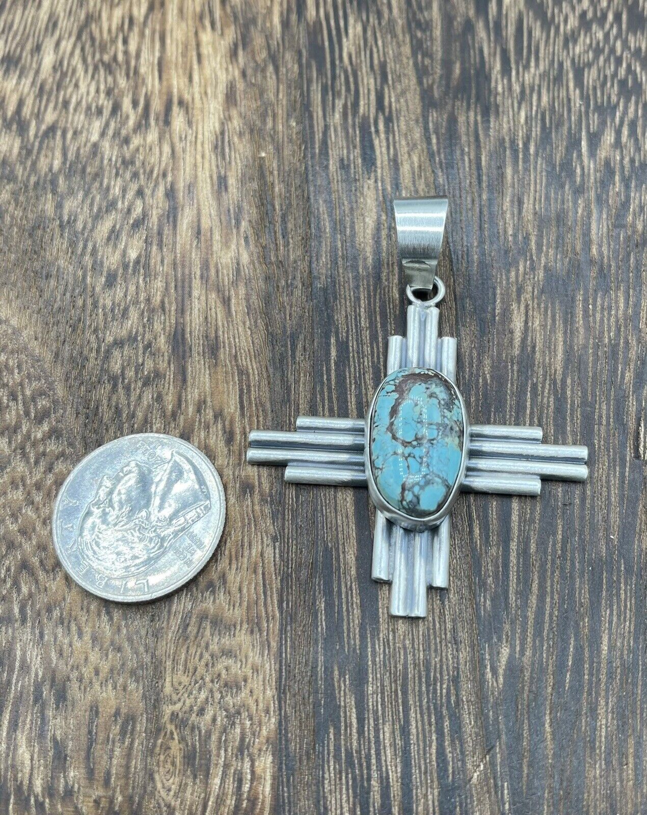 Native American Sterling Silver Navajo Handmade Turquoise Zia Pendant -Betta Lee