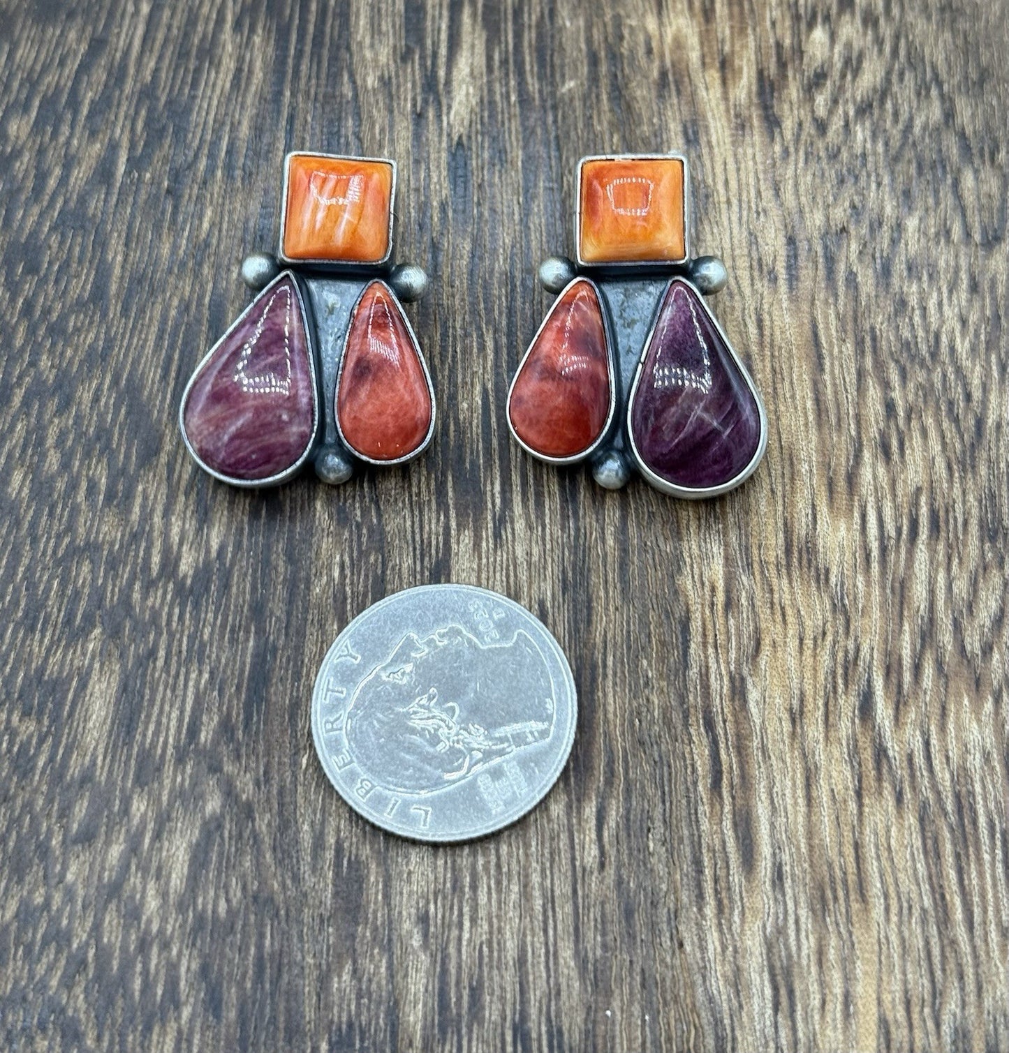 Navajo Handmade Sterling Silver Multi Color Spiny Oyster Shell Cluster Earrings