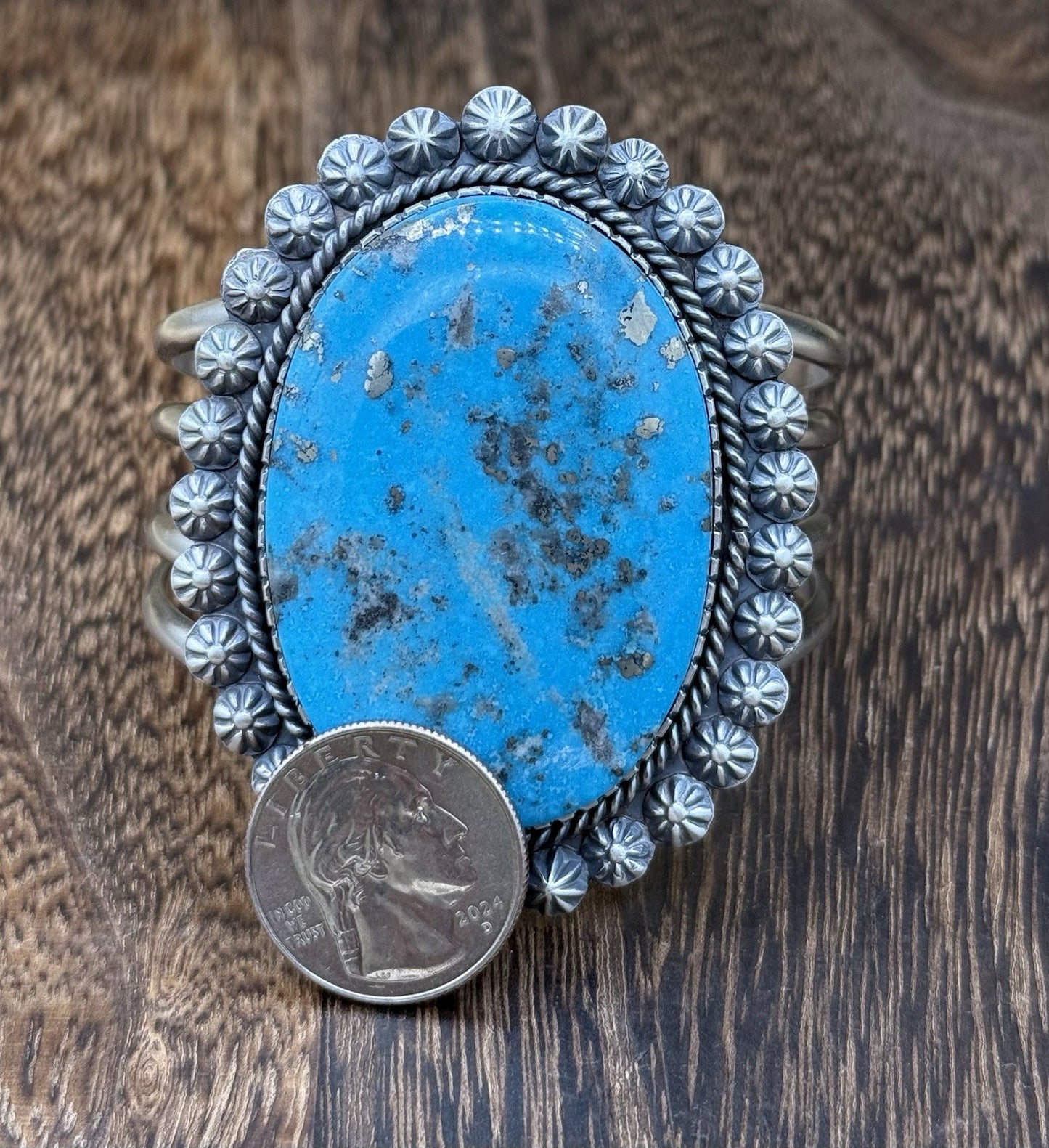 Native Navajo Handmade Sterling Silver Morenci Turquoise Old Look Cuff Bracelet