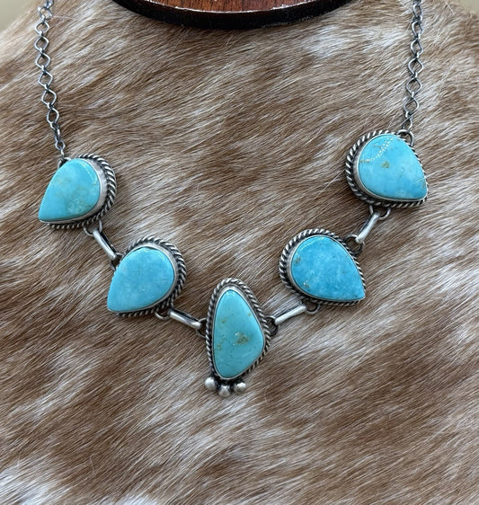 Native Navajo Handmade Sterling Silver Kingman Turquoise Choker Necklace 15”
