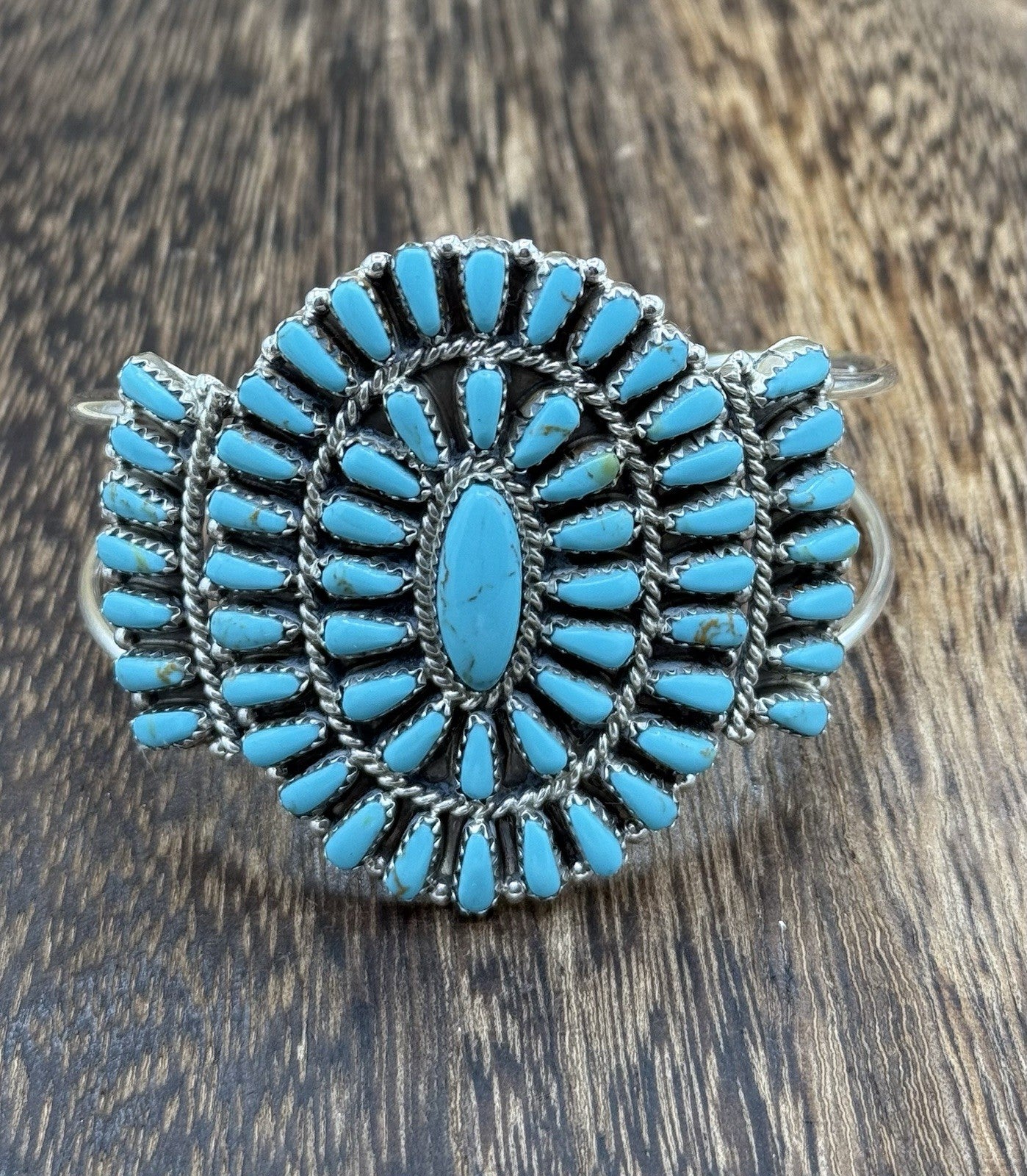 Native American Navajo Handmade Sterling Silver Turquoise Cluster Cuff Bracelet