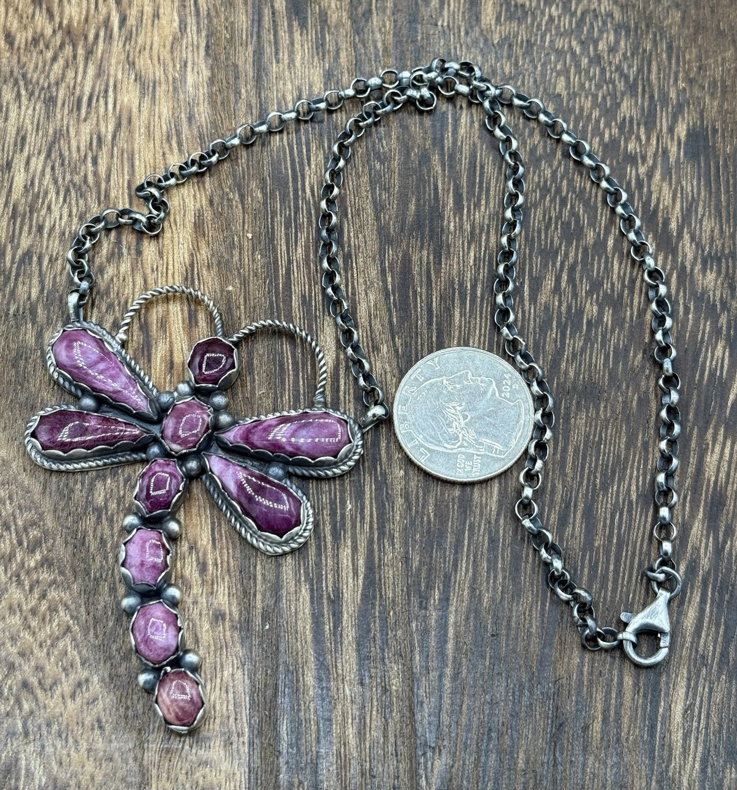Navajo Handmade Sterling Silver Purple Spiny Oyster Dragonfly Bar Necklace 18”