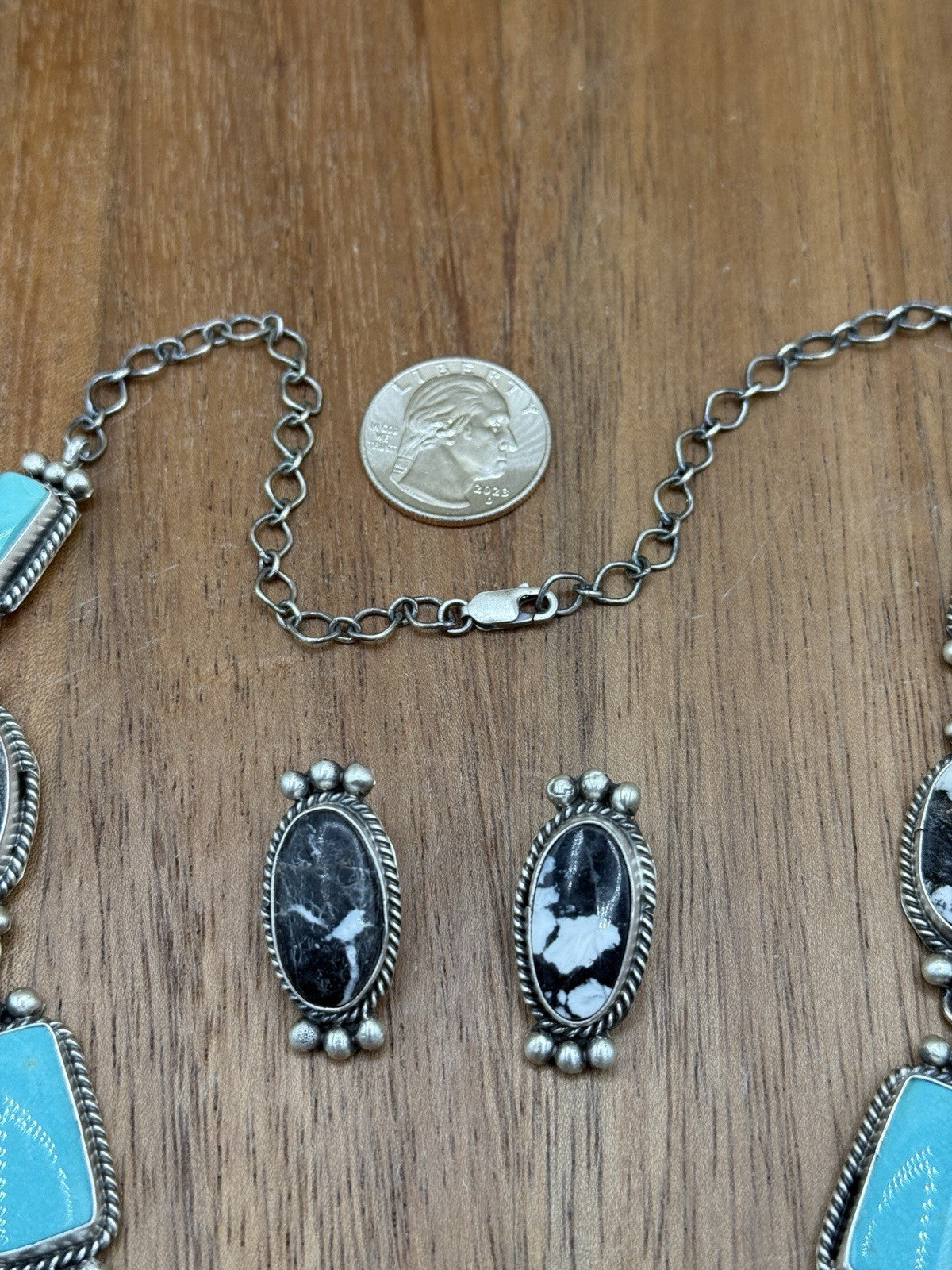 Navajo Handmade Sterling Silver Turquoise &White Buffalo Cluster Lariat Necklace