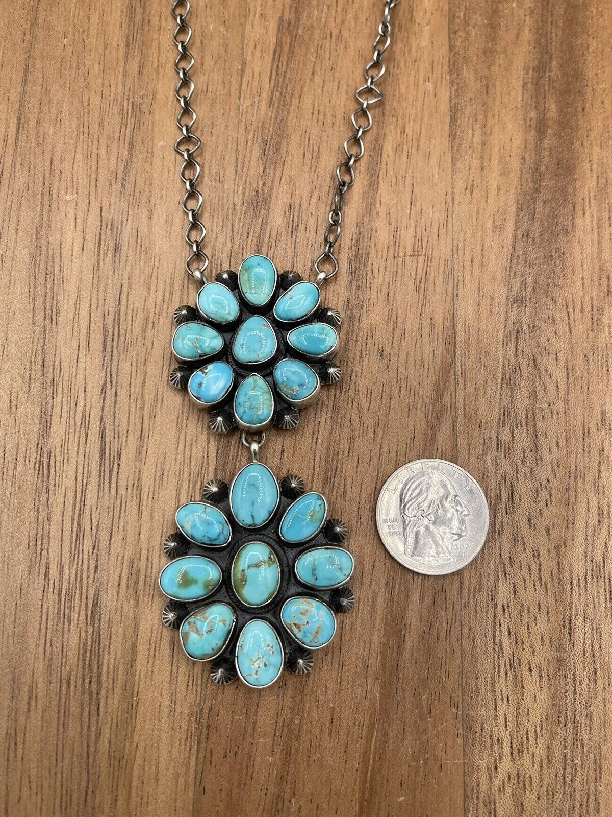 Native American Navajo Handmade Silver Kingman Turquoise Double Cluster Necklace