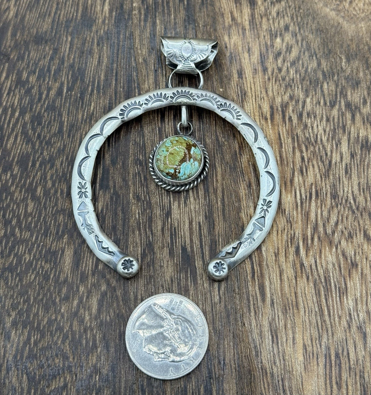 Navajo Handmade Sterling Silver Stamped Blue Glacier Turquoise Naja Pendant