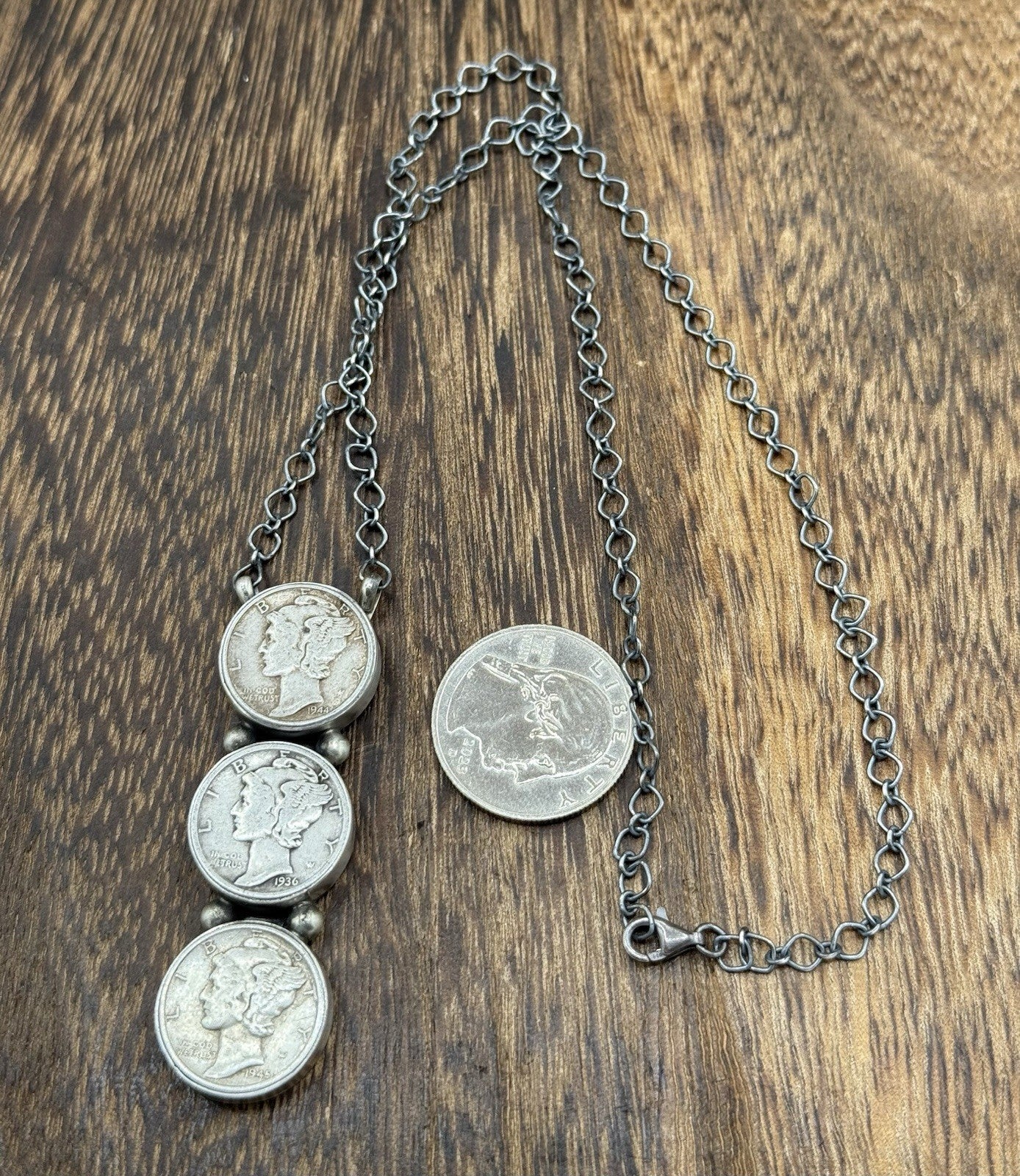 Navajo Handmade Sterling Silver Liberty Dime Cluster Bar Lariat Necklace 18”