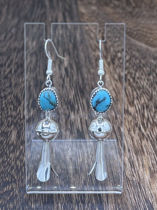 Native American Silver Navajo Handmade Turquoise Dangle Blossom Earrings shiny