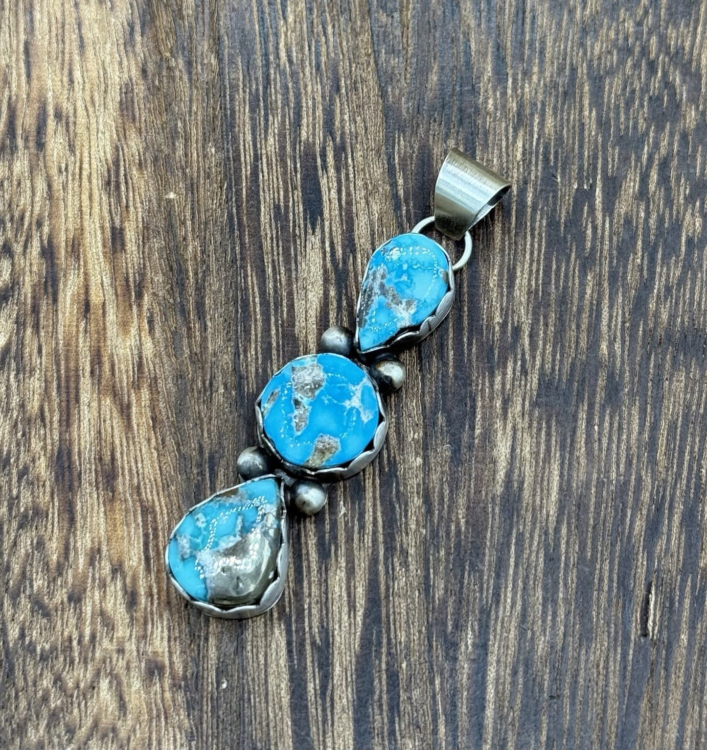 Native Navajo Handmade Sterling Silver Blue Bird Turquoise Cluster Drop Pendant