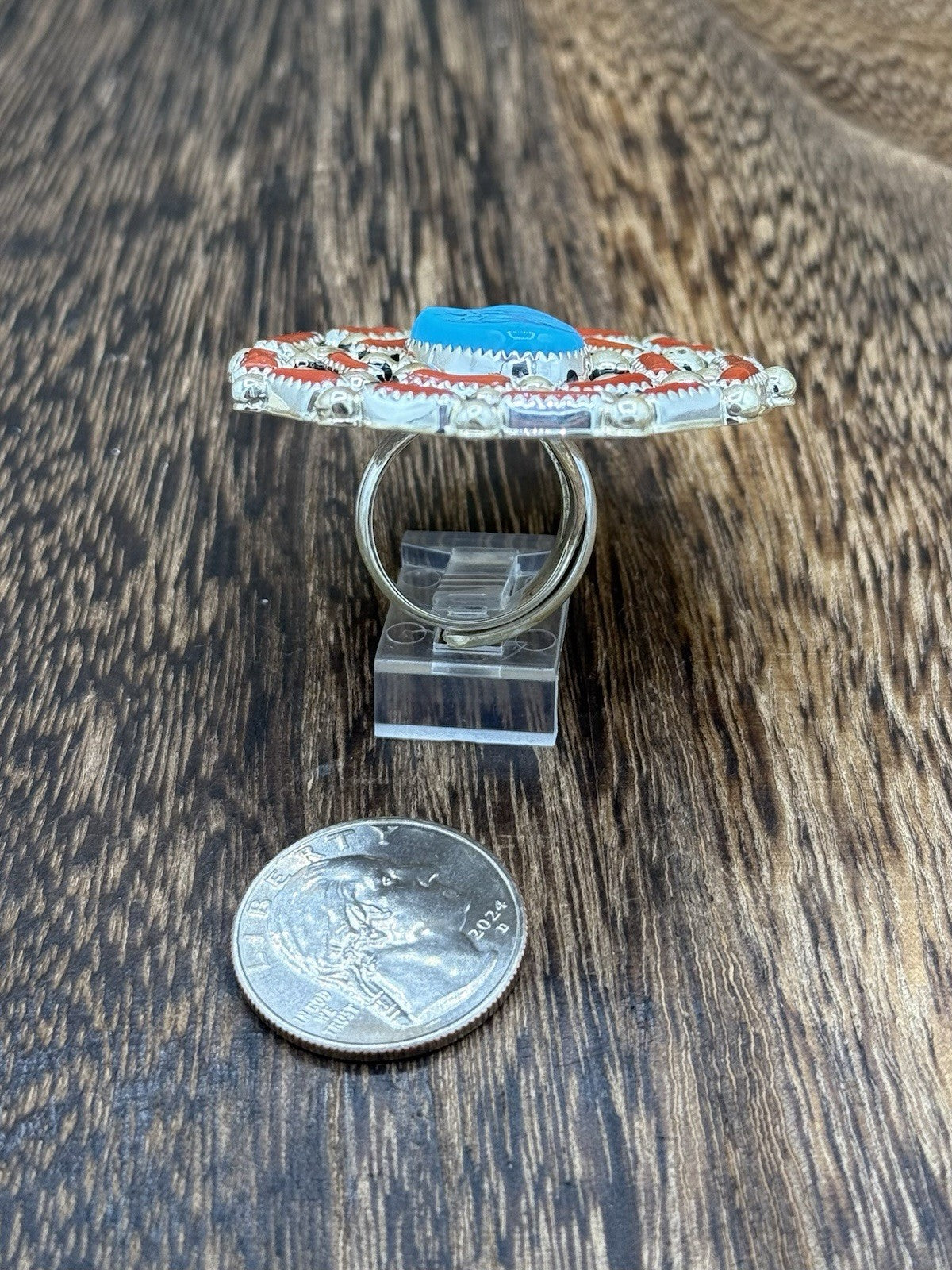 Navajo Handmade Sterling Silver Sleeping Beauty Turquoise & Coral Adjustable 6-9