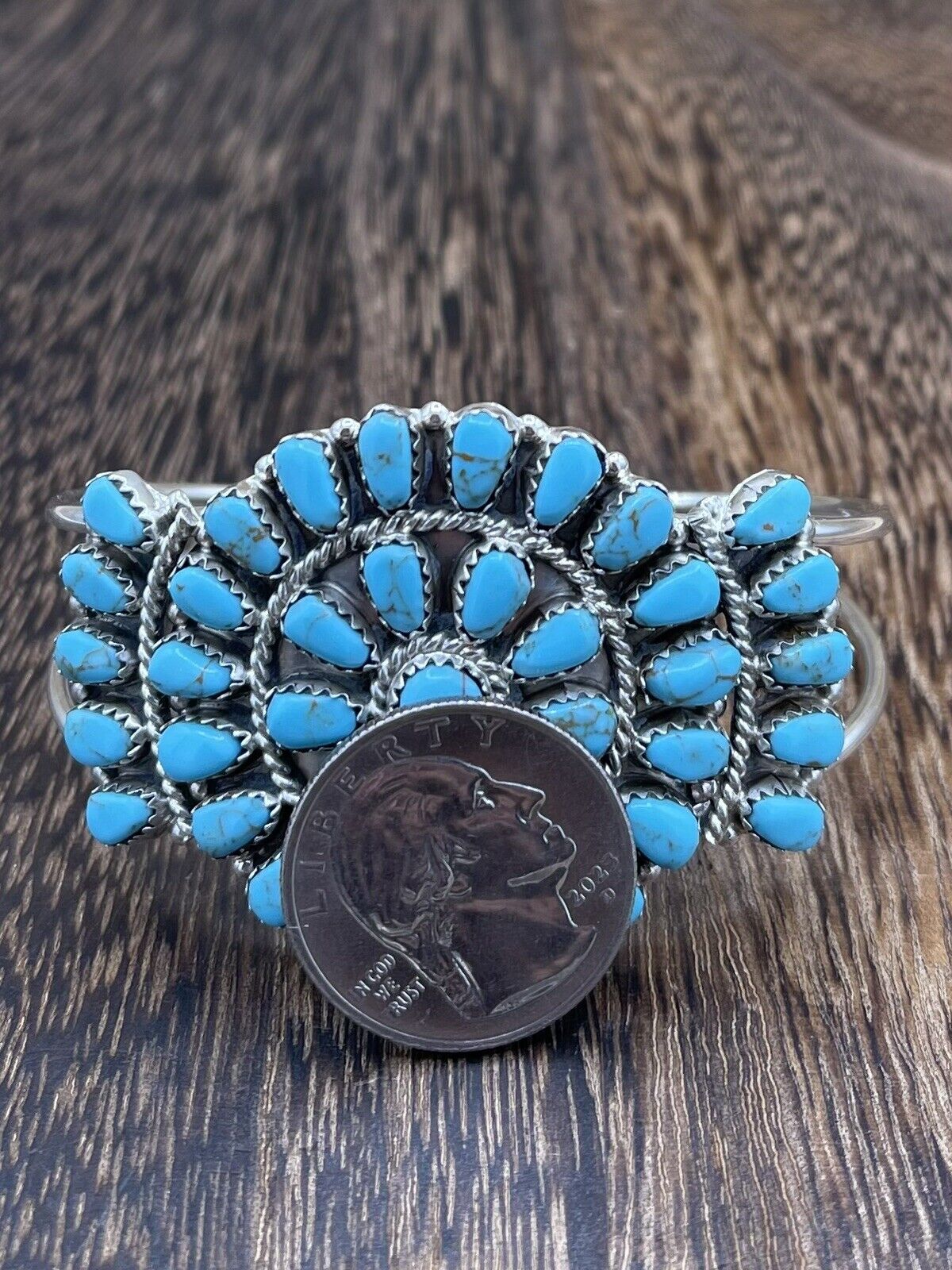 Native American Navajo Handmade Sterling Silver Turquoise Cluster Cuff Bracelet