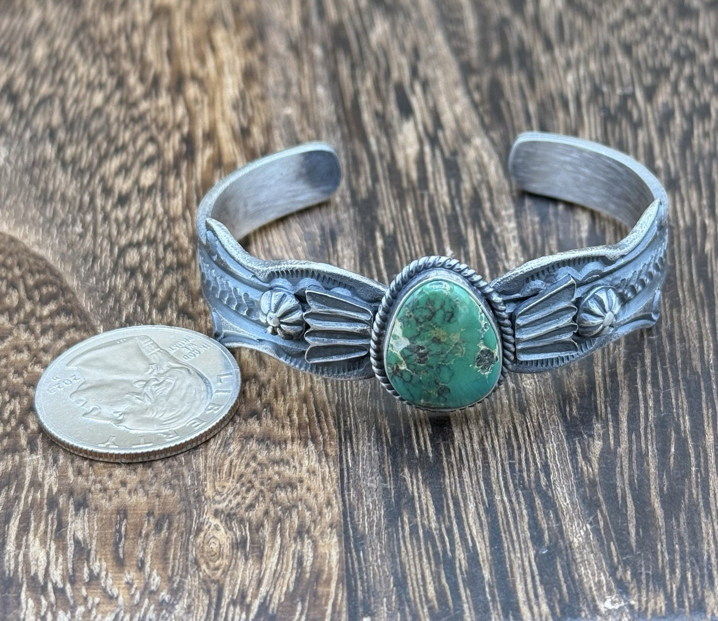 Navajo Handmade Sterling Silver Sonoran Gold Turquoise Old look Cast Bracelet