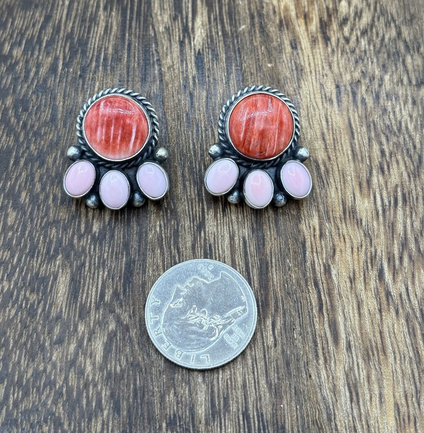 Navajo Handmade Sterling Silver Multi Color Spiny Pink Shell Cluster Earrings