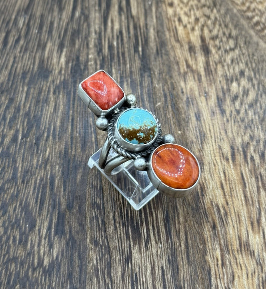 Native Navajo Handmade Sterling Silver Mixed Stone Turquoise Cluster Ring Size 9