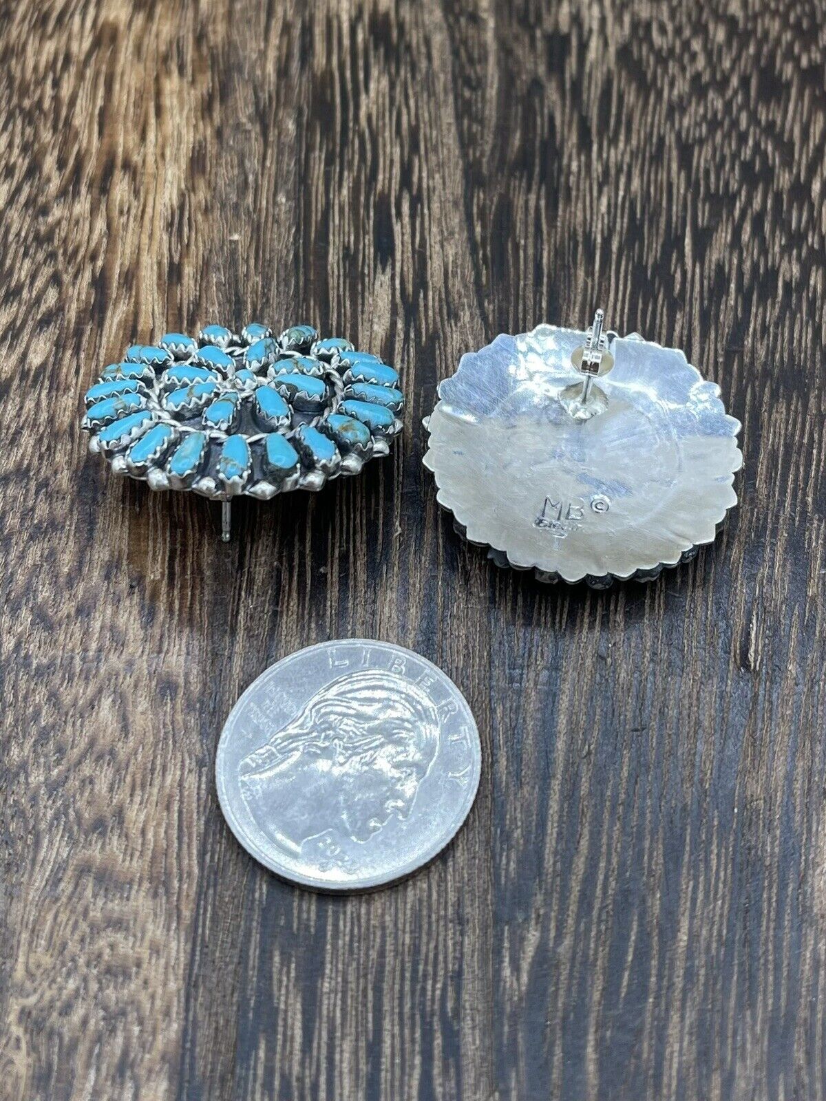 Native American Navajo Handmade Sterling Silver Turquoise Cluster Post earrings