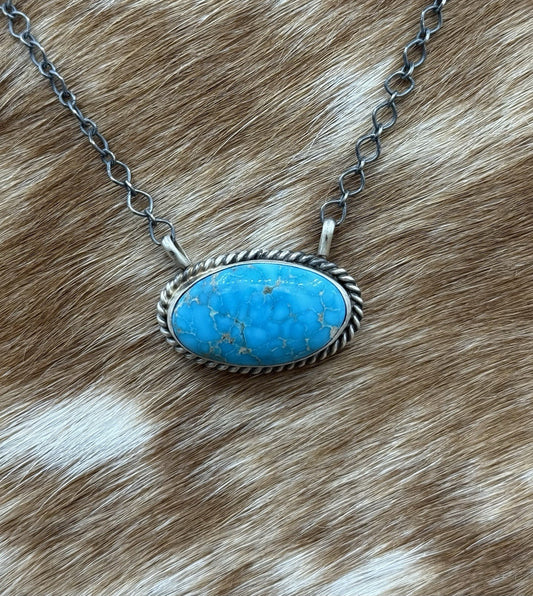 Native Navajo Handmade Sterling Silver Blue Bird Turquoise Bar Necklace 18”