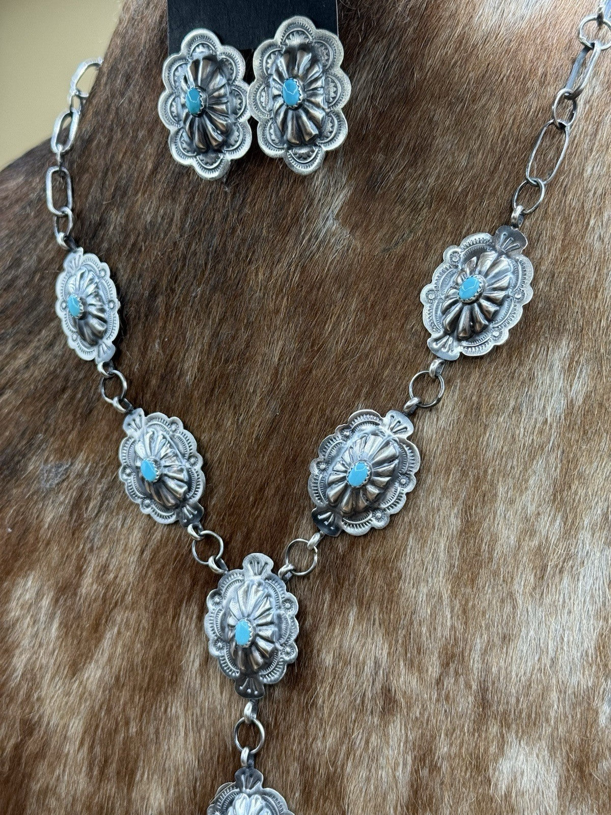 Navajo Handmade Sterling Silver Stamped Concho Turquoise Lariat Necklace Set 24”