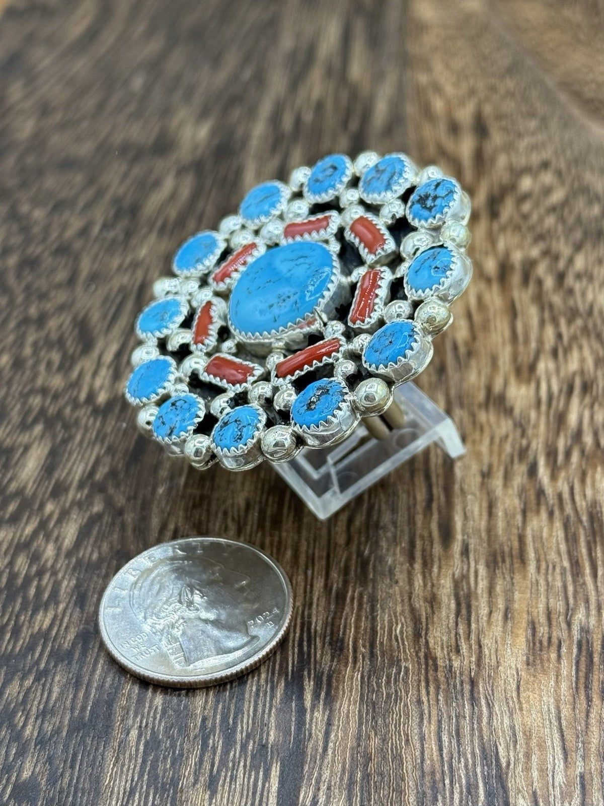 Navajo Handmade Sterling Silver Sleeping Beauty Turquoise & Coral Adjustable 6-9