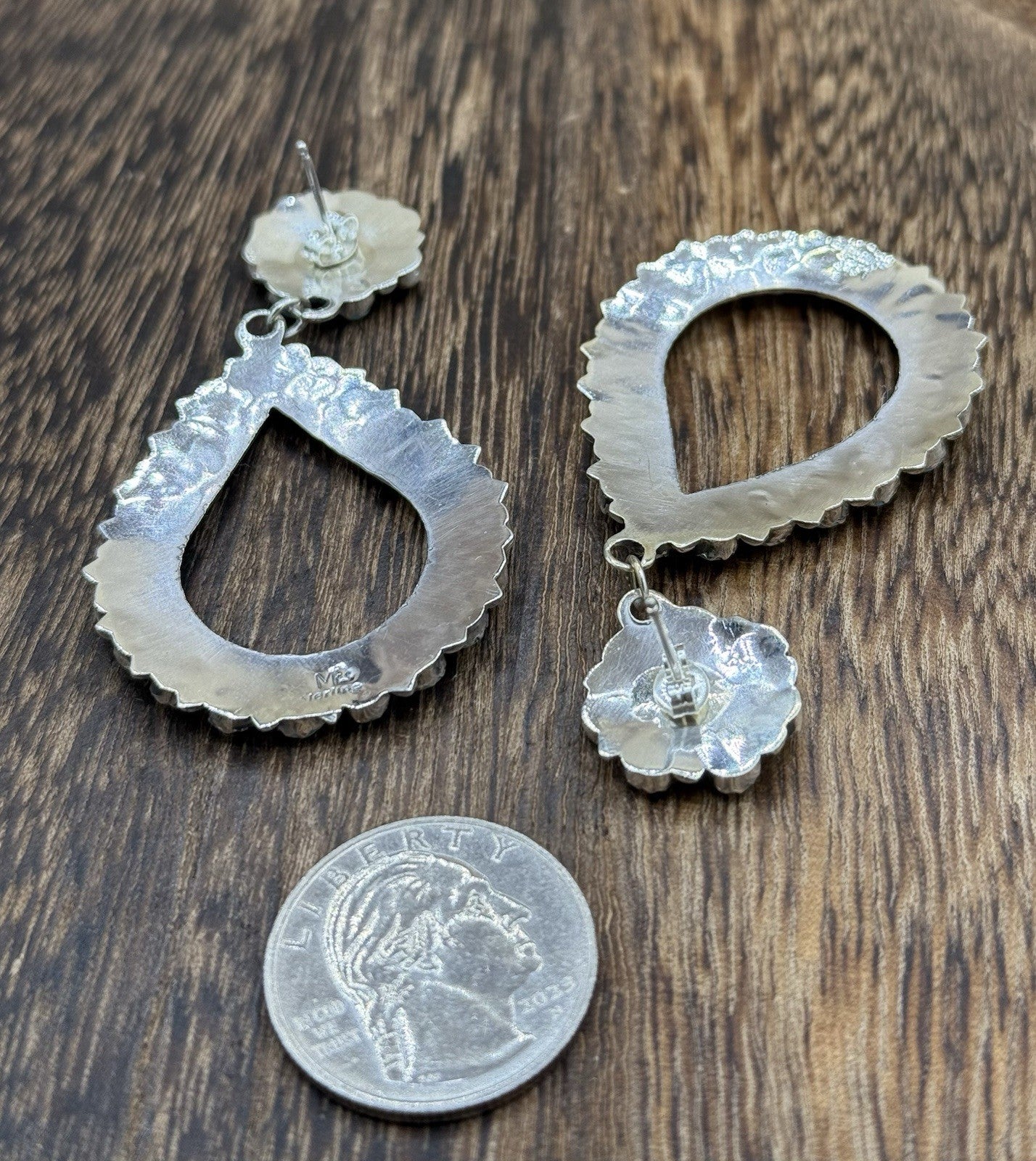 Navajo Handmade Sterling Silver Turquoise Cluster Post Drop earrings Large