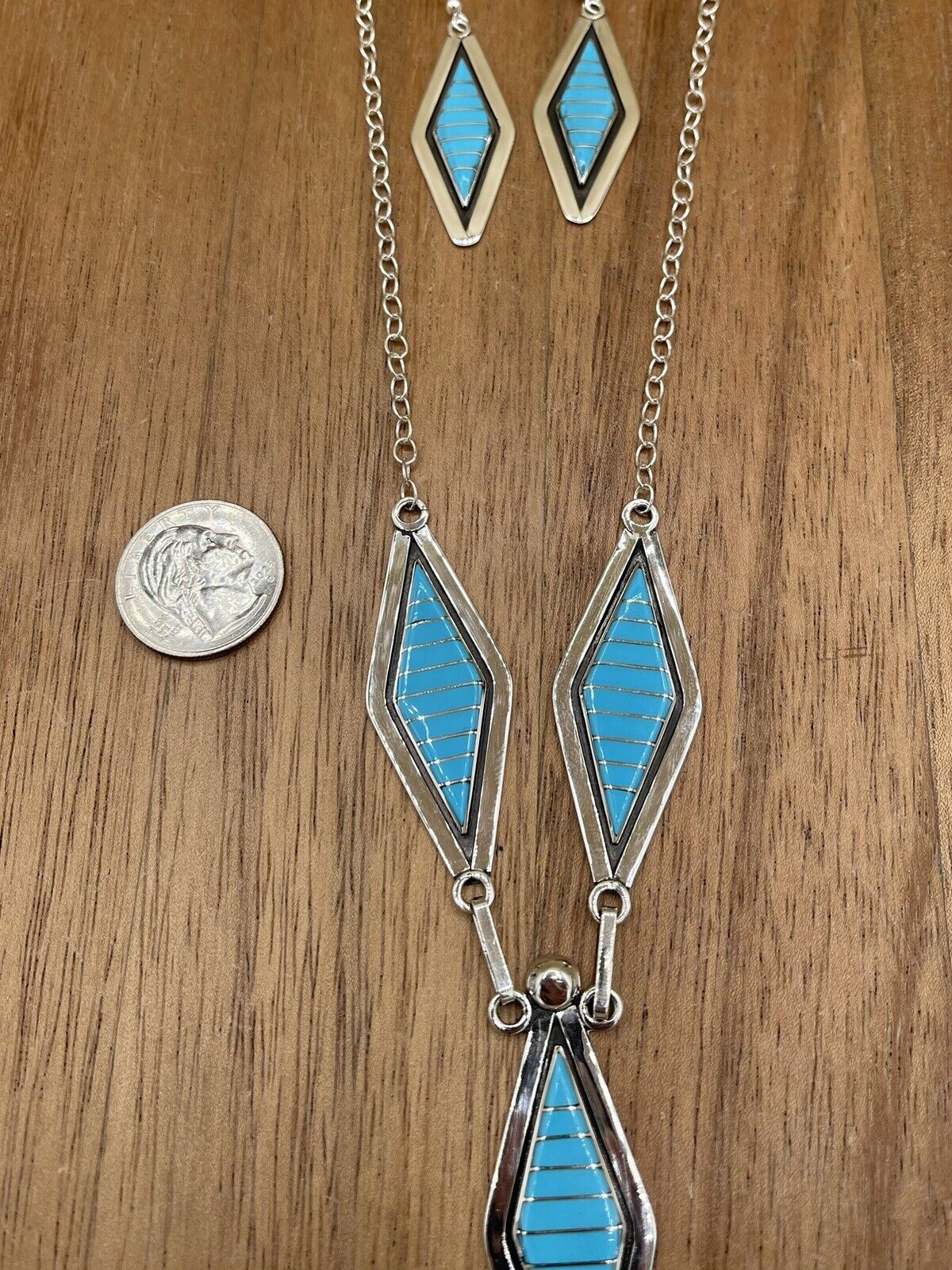 Native American Zuni handmade Sterling Silver Turquoise Inlay  Necklace Set 18”