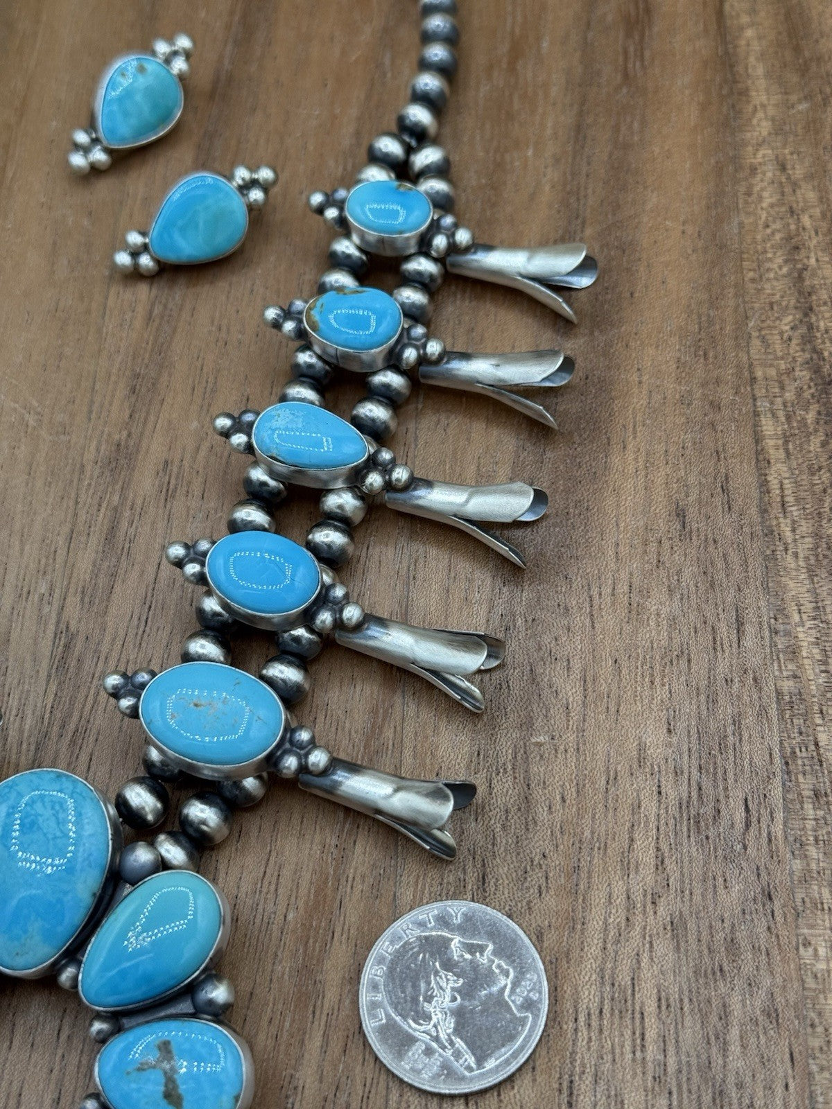 Navajo Handmade Sterling Silver Kingman Turquoise Squash Blossom Necklace 20”