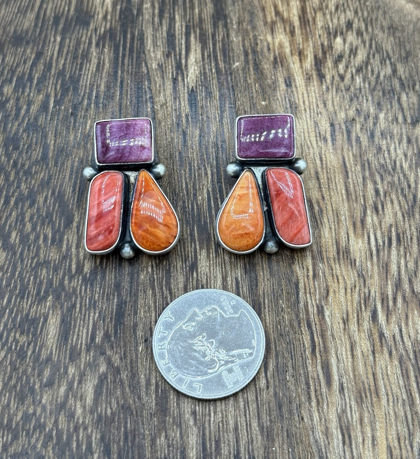 Navajo Handmade Sterling Silver Multi Color Spiny Oyster Shell Cluster Earrings