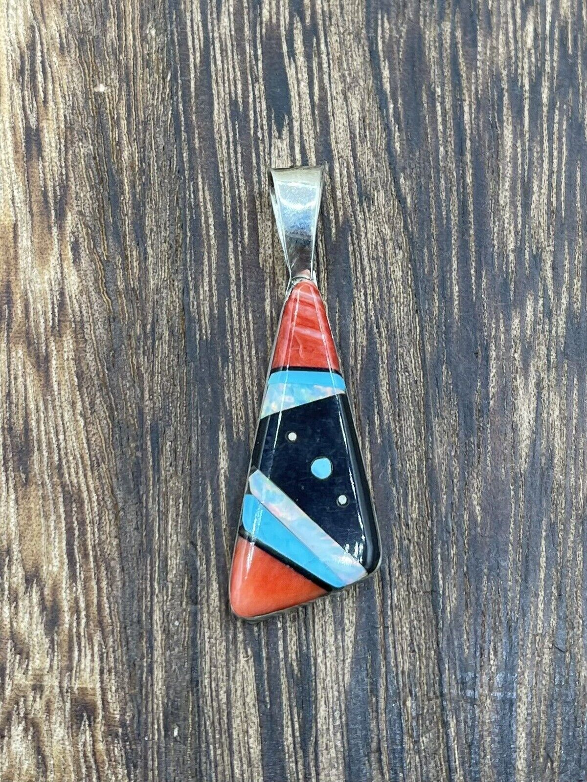 Native American Navajo Handmade Sterling Silver Multi Stone Inlay Pendant