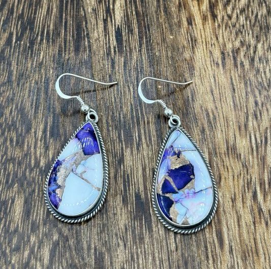 Navajo Handmade Sterling Silver Violet Rose Dahlia Dangle Drop Earrings Byron B.