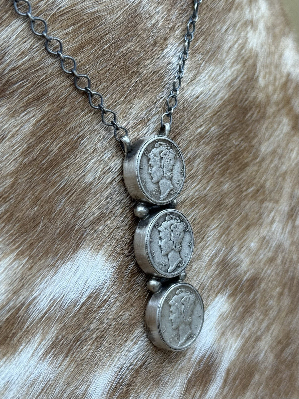 Navajo Handmade Sterling Silver Liberty Dime Cluster Bar Lariat Necklace 18”