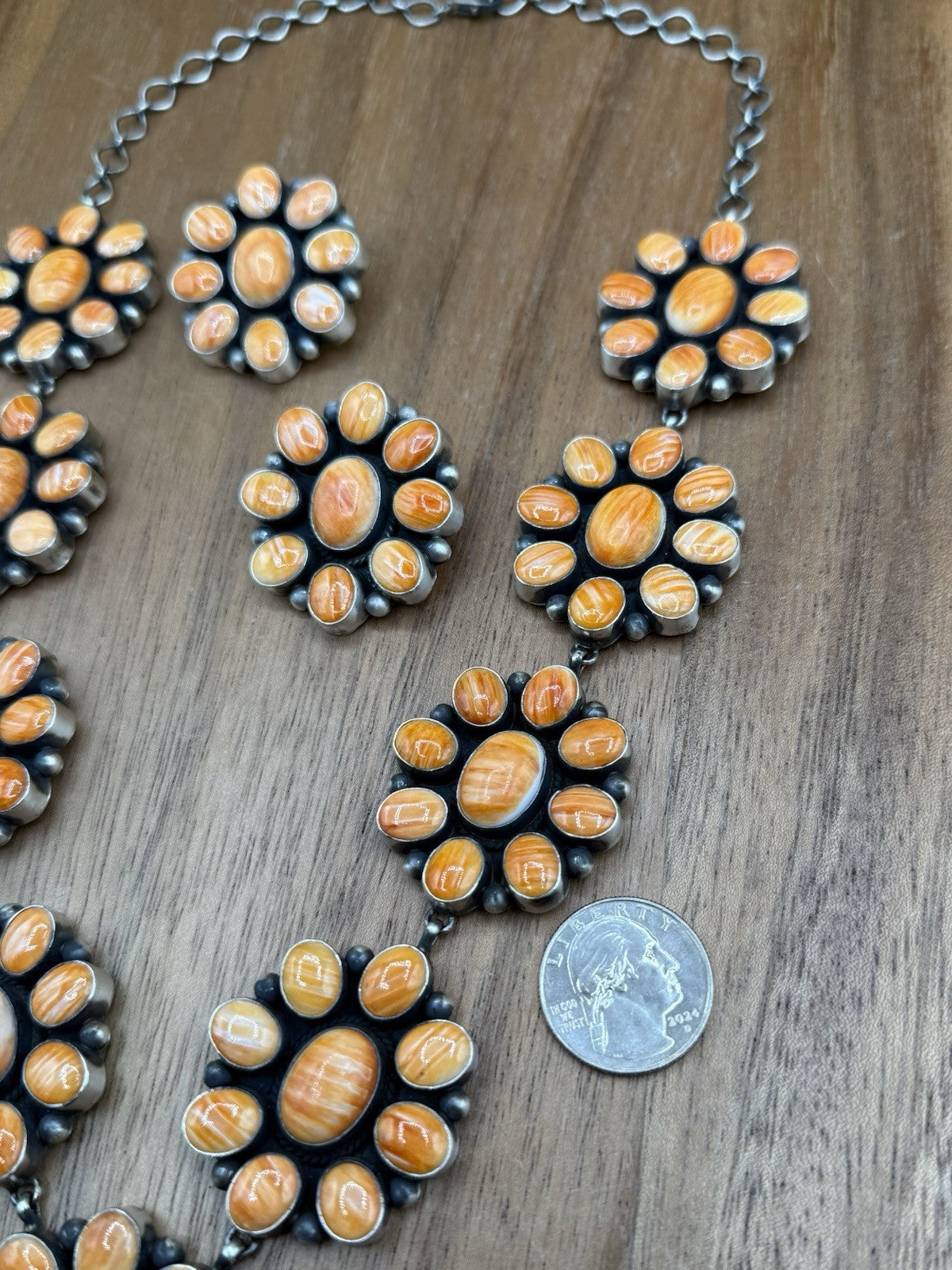 Navajo Handmade Silver Orange Spiny Oyster Cluster Lariat Dangle Necklace 24”