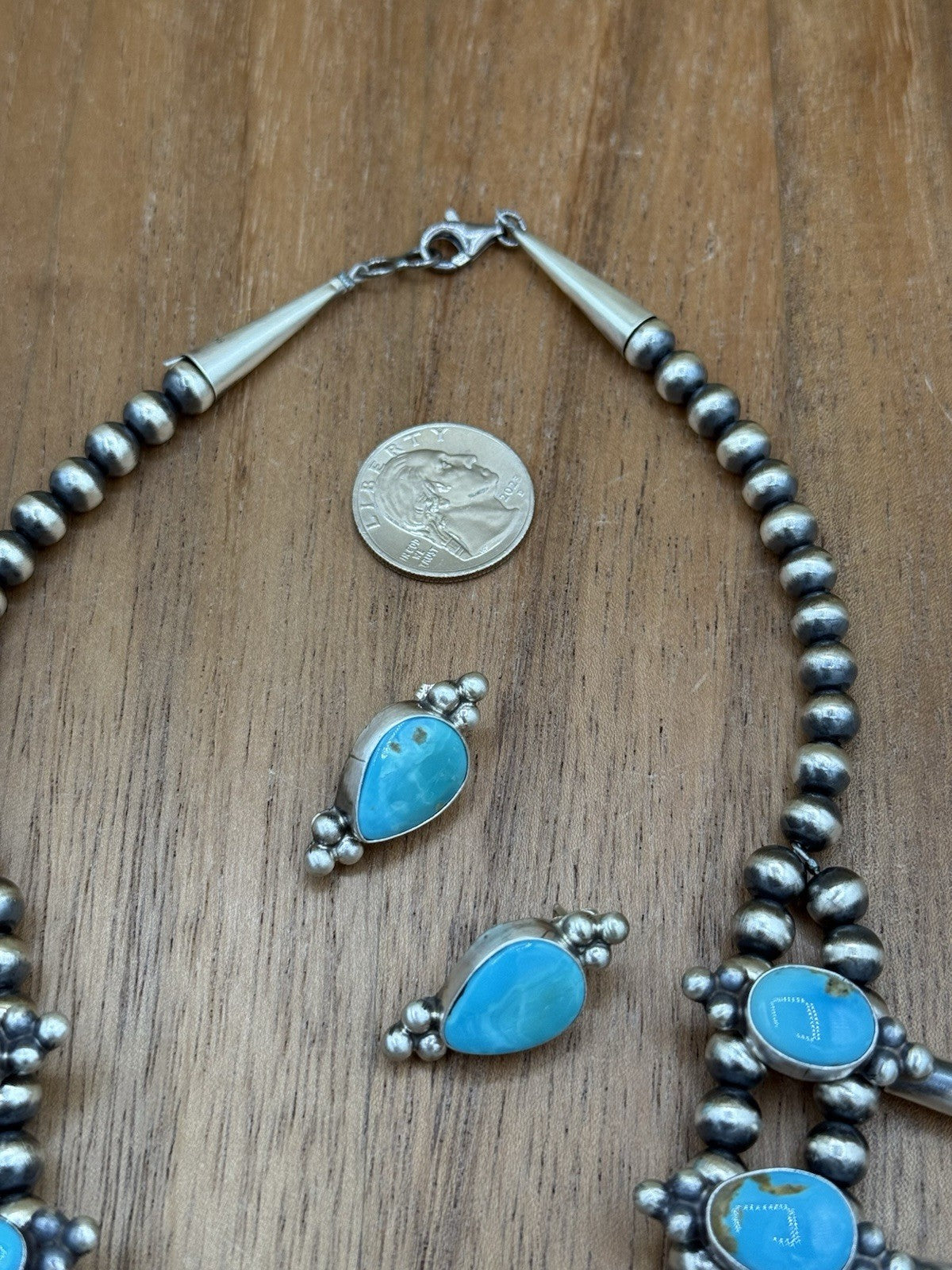 Navajo Handmade Sterling Silver Kingman Turquoise Squash Blossom Necklace 20”