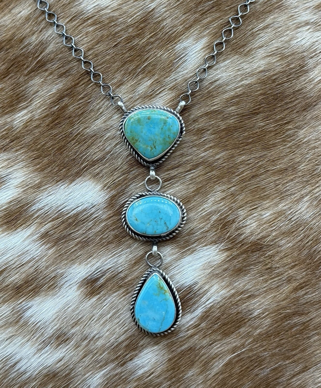 Native Navajo Handmade Sterling Silver Kingman Turquoise Lariat Necklace 18”