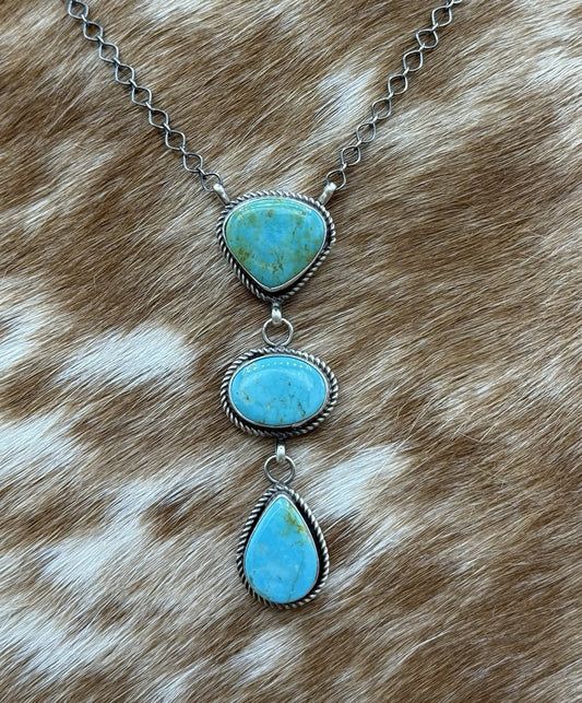 Native Navajo Handmade Sterling Silver Kingman Turquoise Lariat Necklace 18”