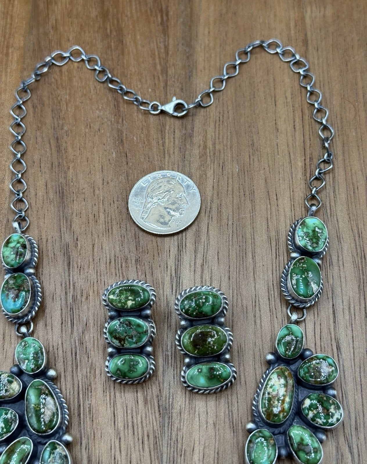 Navajo Handmade Sterling Silver Sonoran Gold Turquoise Cluster Necklace Set 20”