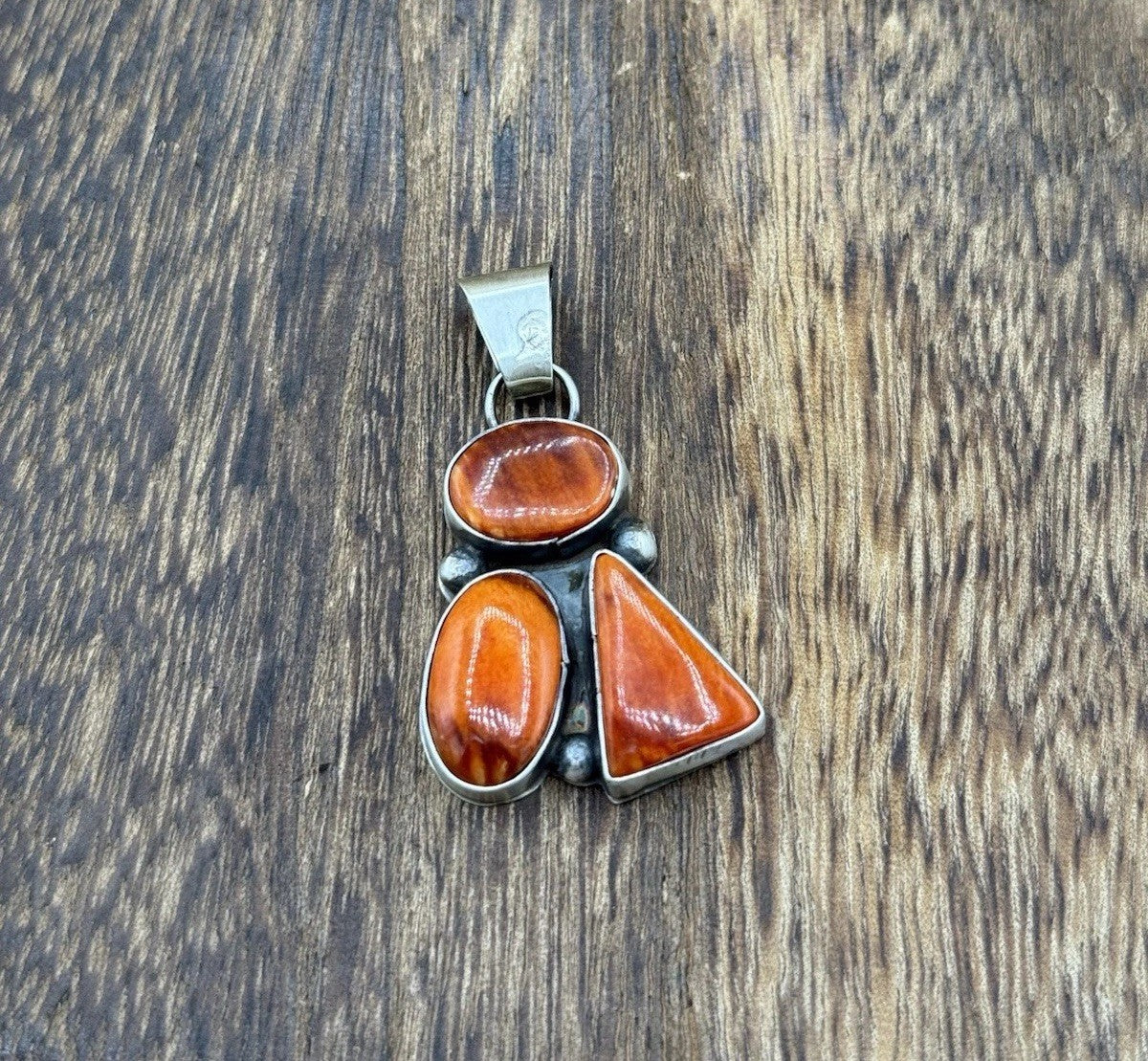 Navajo Handmade Sterling Silver Orange Spiny Oyster Shell Cluster Drop Pendant