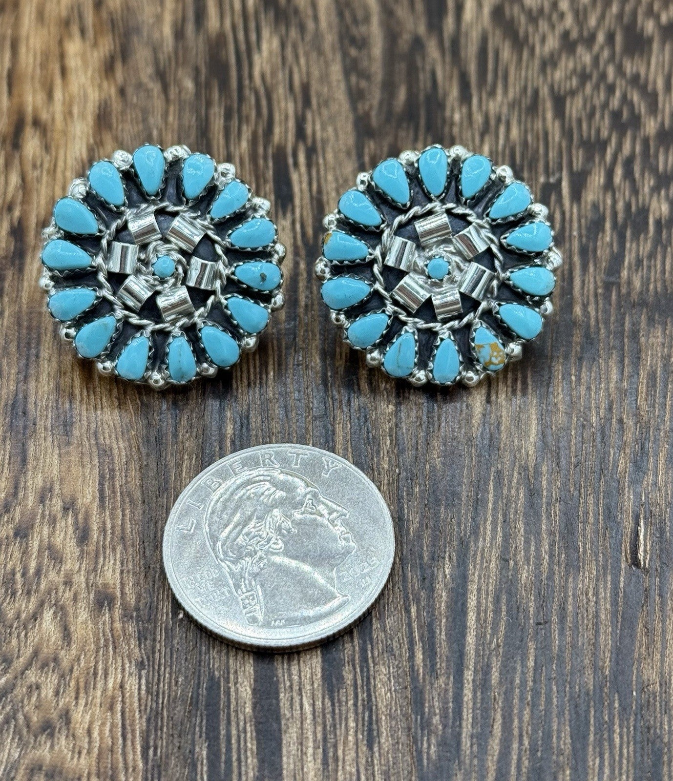 Native American Navajo Handmade Sterling Silver Turquoise Cluster Post earrings
