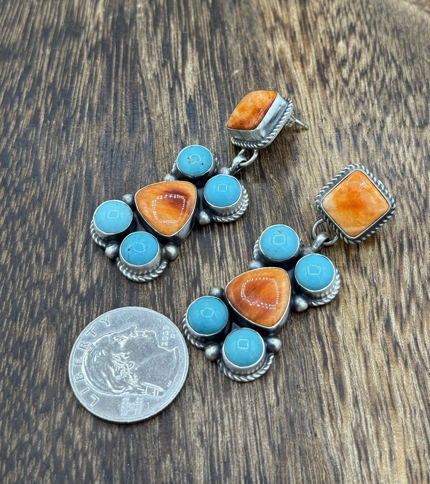 Navajo Handmade Sterling Silver Turquoise & Spiny Oyster Post Dangle Earrings