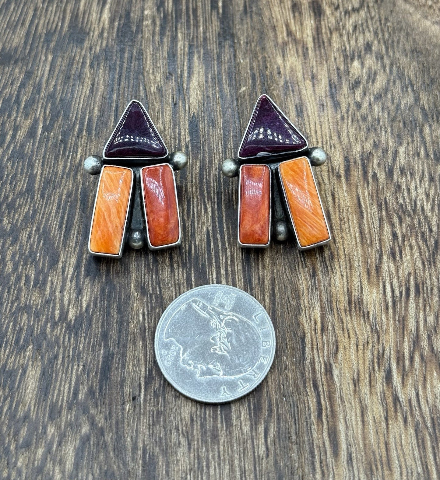Navajo Handmade Sterling Silver Multi Spiny Oyster Shell Post Cluster Earrings