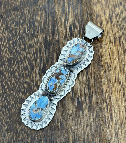 Navajo Handmade Sterling Silver Golden Hills Turquoise Stamped Drop Pendant