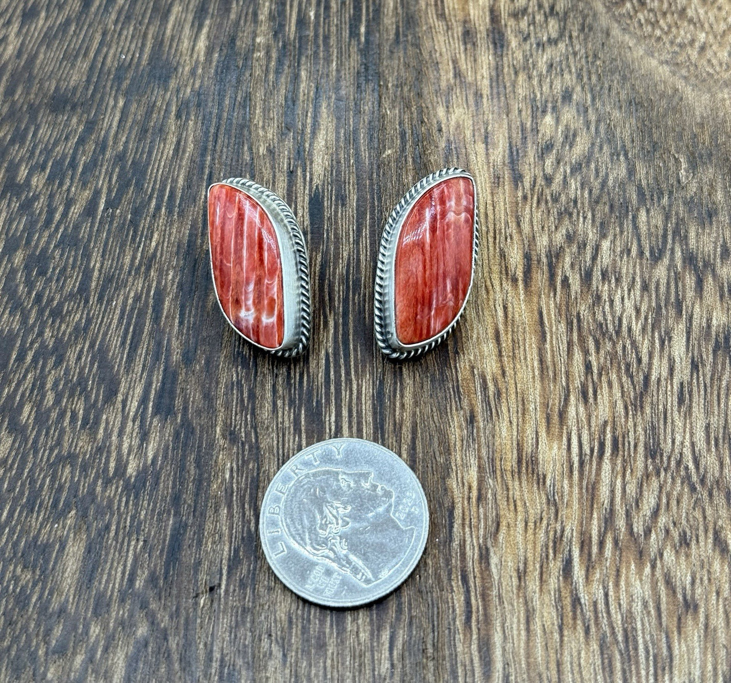 Native Navajo Handmade Sterling Silver Red Spiny Oyster Shell Post Stud Earrings