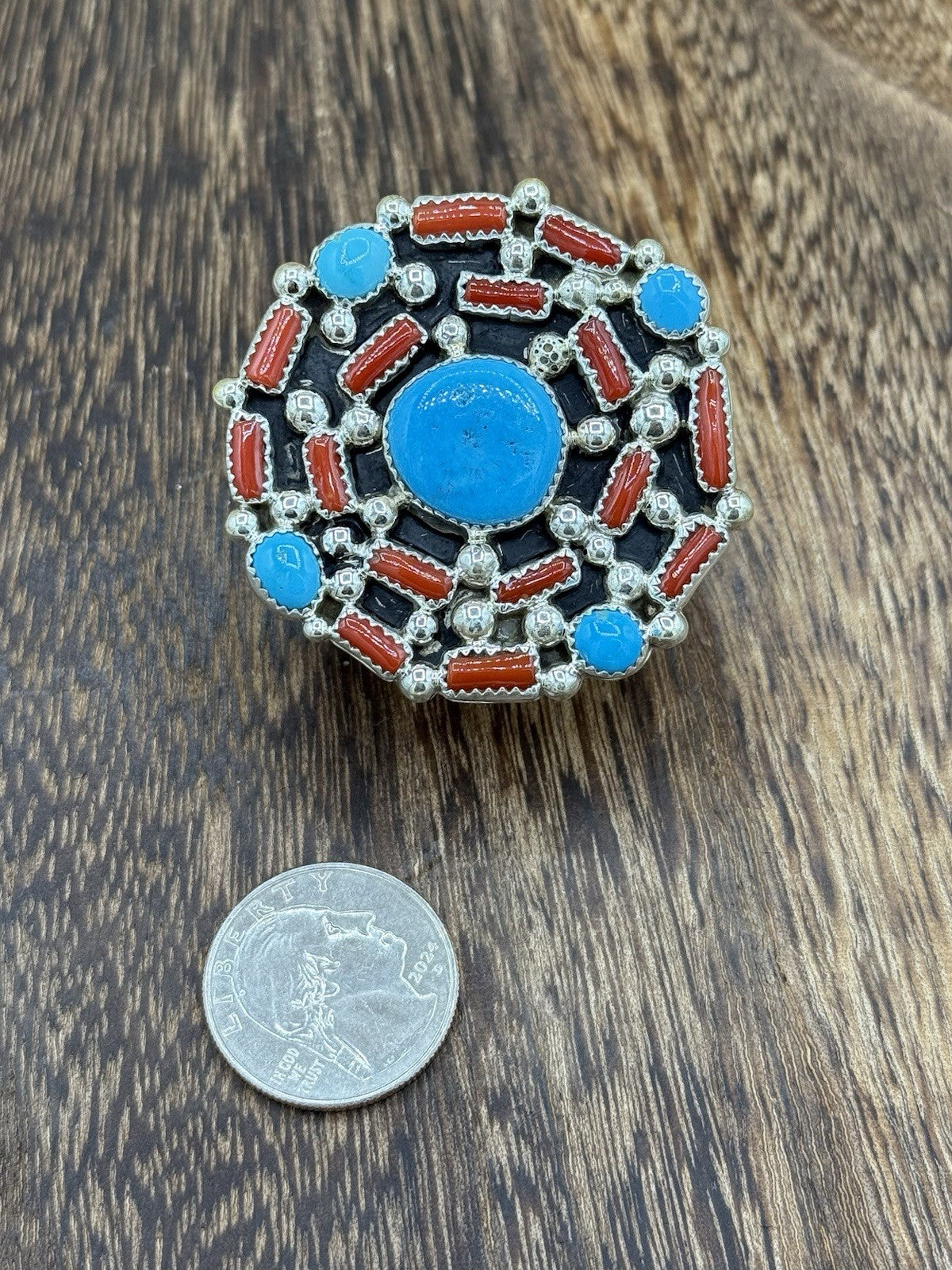 Navajo Handmade Sterling Silver Sleeping Beauty Turquoise & Coral Adjustable 6-9