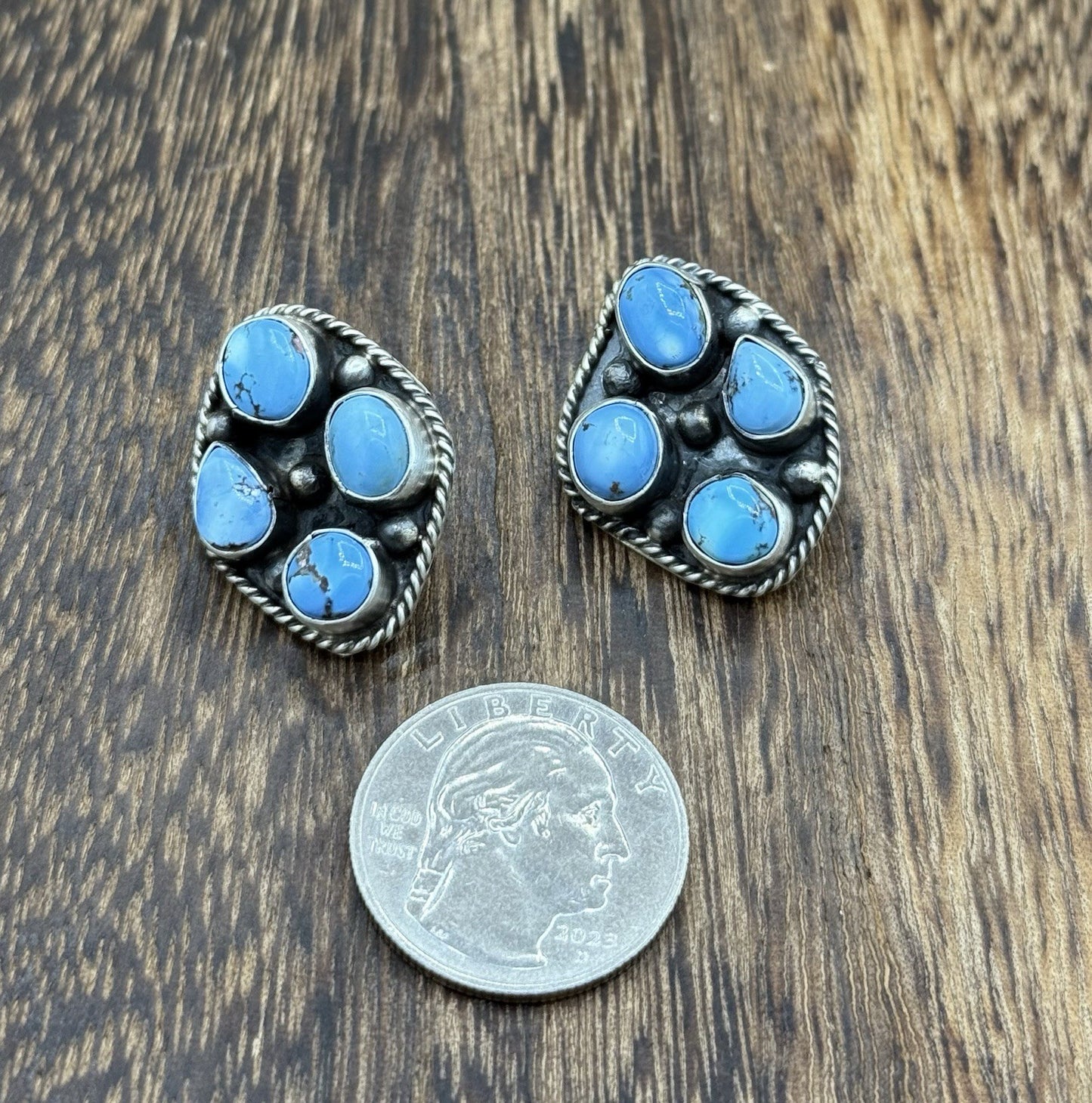 Navajo Handmade Sterling Silver Golden Hills Turquoise Post Cluster Earrings