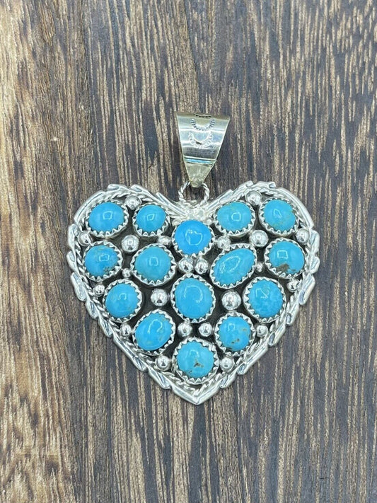 Native American Sterling Silver Navajo Handmade Natural  Turquoise Heart Pendant