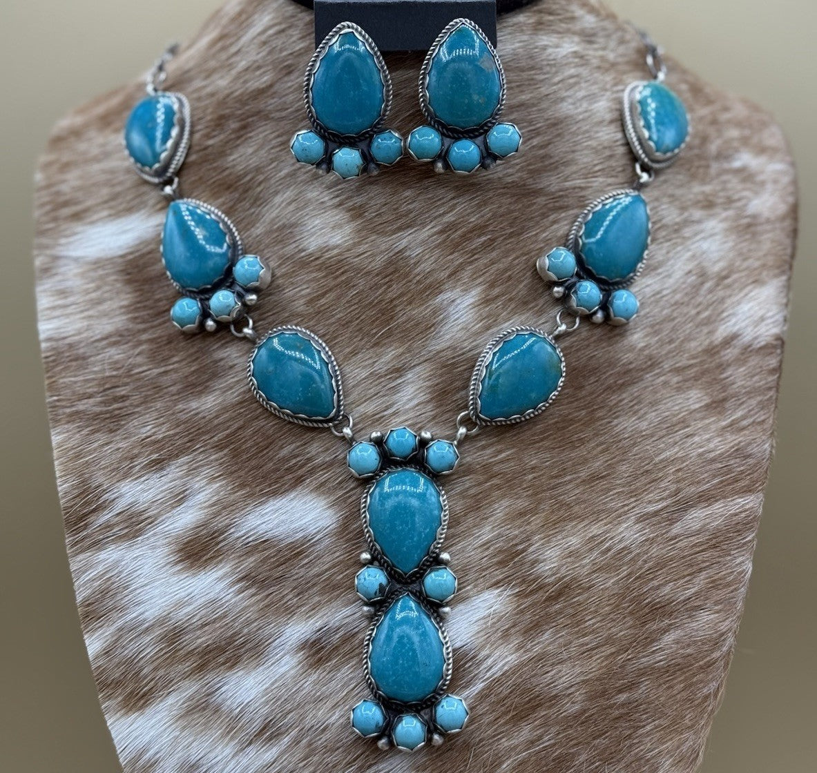 Native Navajo Handmade Sterling Silver Kingman Turquoise Lariat Necklace Set 24”