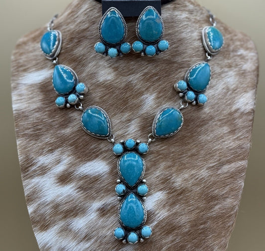 Native Navajo Handmade Sterling Silver Kingman Turquoise Lariat Necklace Set 24”